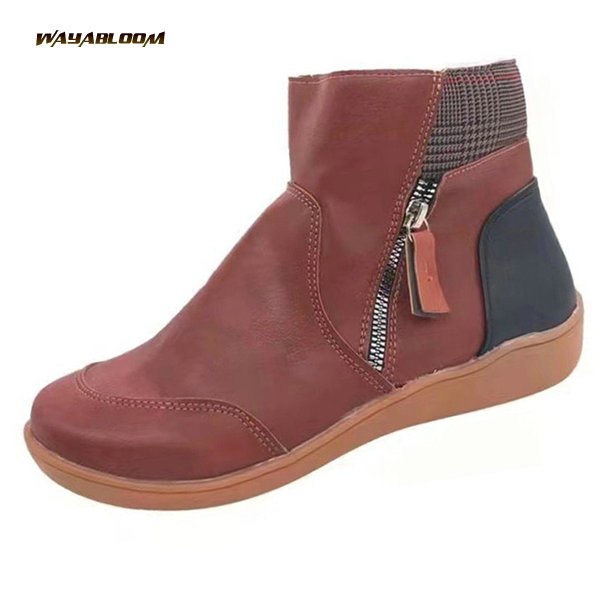 New fashionable round head leather boots Large size short tube flat bottomed casual Martin boots